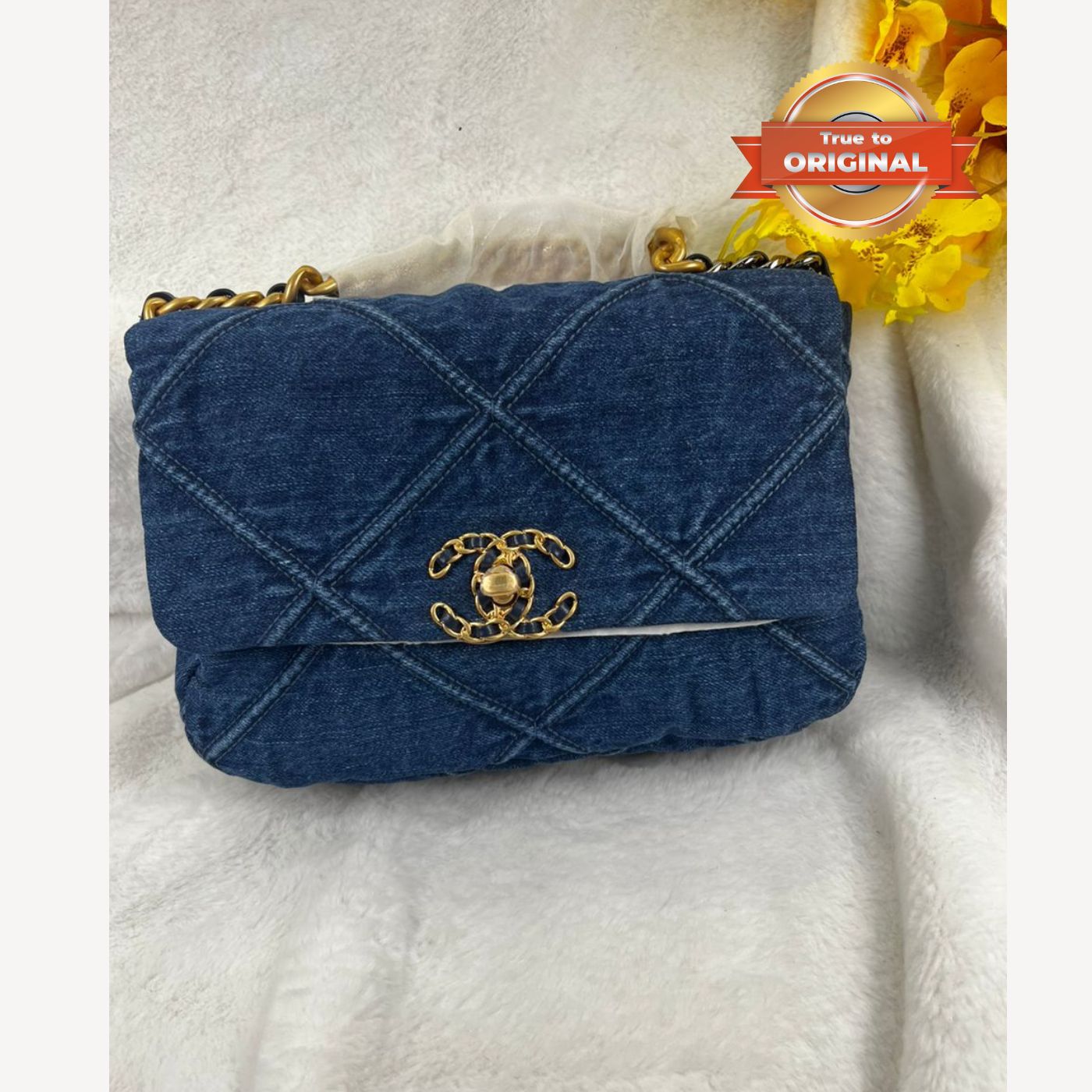[True-to-ORIGINAL] Chanel 19 Handbag Denim Blue For Women 10.1in/26cm AS1160